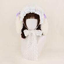 复活节兔子垂耳柔软毛绒小狗耳朵头带，带蕾丝蝴蝶结的多功能发饰，洛丽塔风格万圣节 - A - 查看 10