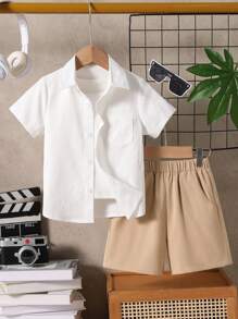 2 件装年轻男孩夏季马球领短袖衬衫和纯色休闲短裤套装 - 卡其色 - 查看 4