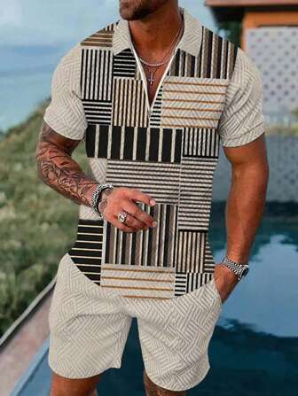 男士全印花 Polo 领短袖上衣和口袋短裤休闲两件套