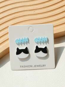2 paar acryl bling bling vis & kat oorbellen set, schattig & leuk ontwerp, cadeaus voor vrouwen
