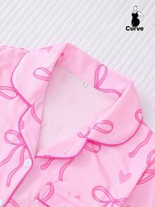 Marira 2pcs Plus Size Women Pajama Set, Bow Print Short Sleeve Shirt Collar Button Up Top And Loose Elastic Shorts, Suitable For Overweight, Holiday Party Sleepwear, Casual Home & Outdoor Comfortable Women Loungewear - Hồng - Xem 3