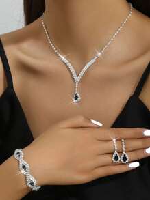 4 pièces / set Collier, boucles d'oreilles et bracelet entièrement sertis de strass en forme de V