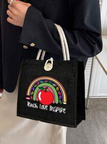1 pièce Sac à main en lin imprimé floral avec lettrage enseignant, cadeau pour enseignants, sac cadeau à motif lune et étoile, sac de courses portable et pliable, sac de rangement léger, sac de courses simple, sac de rangement pour infirmière, médecin, enseignant, cadeau pour mère, maquillage de voyage personnel, sac de courses, grand espace de rangement, toujours les meilleurs cadeaux de la Saint-Valentin