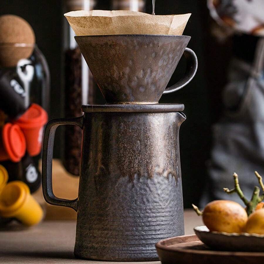 Retro Rusted Iron Ceramic Pour Over Coffee Pot With Gold Trim, Drip Style Hanging Ear Coffee Pot, Ceramic Filter Cup Long Spout Coffee Making Set - Gilded Coffee Set - View 1