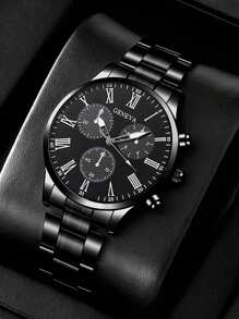 Conjunto de 4 piezas de reloj de cuarzo de moda para hombre - Estilo de negocios con colgante de flecha, pulsera, anillo, reloj de acero inoxidable con pantalla analógica precisa, cómodo, adecuado para uso casual y deportivo - Regalo ideal para él