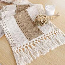 1pc Bohemian Style Table Runner, Elegant Cream And Brown Crochet Tassel Trim Table Runner, Handmade Farmhouse Lace Table Decor, Suitable For Home, Dining Room, Living Room, Bedroom, Party Decoration Birthday Decorations Party Decorations Bachelorette Wedding Summer Gifts Beach Back To School School Supplies Room Decor