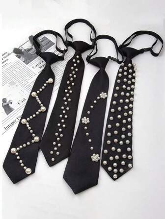 1条女士优雅珍珠装饰领带，休闲百搭领带，日式预系领带，个性化风格，适合派对、活动、演出和日常穿着，也可作为圣诞装饰。