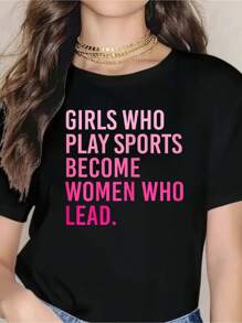 Girls Who Play Sports Become Women Who Lead T-Shirt  - Short Sleeve, Casual, Breathable, Comfortable, Summer & Spring Essential - Women's Clothing, Short Sleeve 100% Cotton T-Shirt For Ladies