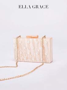 ELLA GRACE Rectangular Box-Shaped Handbag Series - Multi-Color Marble Texture, Pearl Decoration, Golden Chain Shoulder Strap, Suitable For Parties And Holidays, Exquisite And Gorgeous Style - Beige - View 7