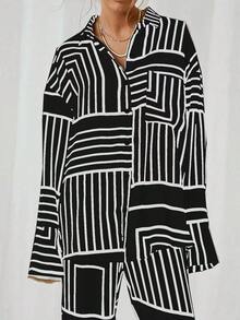 2pcs Women Elegant Casual & Business Line Geometric Print Long Sleeve Blouse & Wide Leg Pants Suit - Black - View 5