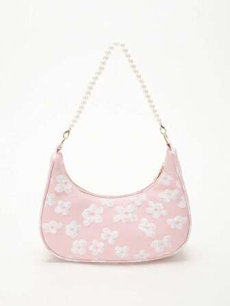 儿童时尚优雅珍珠链压花纹理单肩包