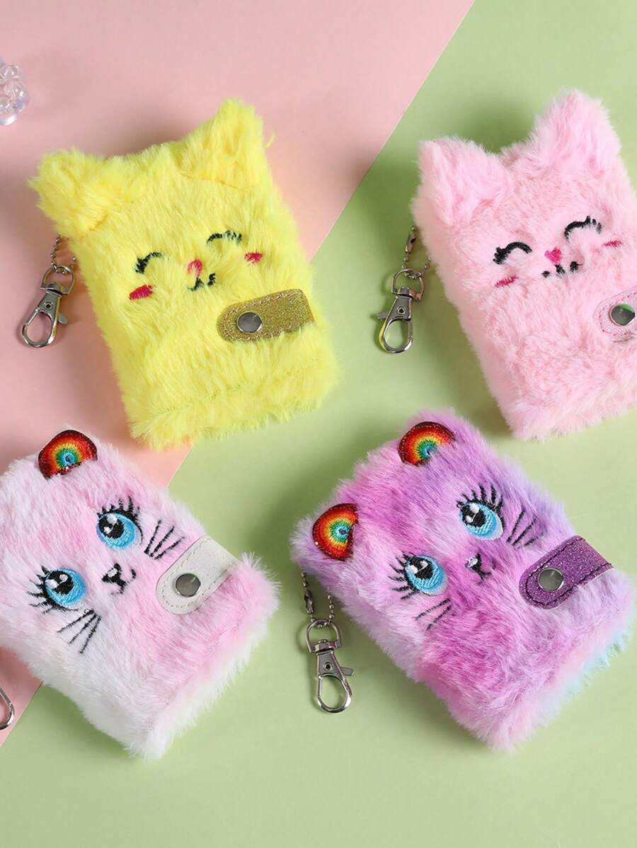 1pc Cartoon Kitten Plush Notebook, Cute Mini Portable Pocket Notepad, Furry Plush Diary For Girls, Children Writing Book, School Bag Pendant Gift , Back To School Gifts