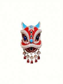 1pc Chinese Style National Awakened Lion Brooch, Suit/Sweater Decor Pin Accessory, Unisex - Brooch-lion Dance - View 4