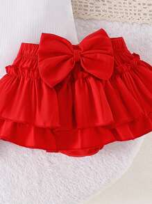 2pcs/Set Cute Fruit Print Baby Girls Short Sleeve Bodysuit + Shorts Outfit, Lightweight Summer - Red and White - View 9