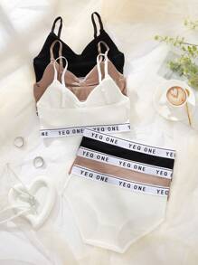 3SETS Ladies Sexy Openwork French Bra Briefs Suit, Comfortable And Wireless, Letter Printed Sling Tube Top Beautiful Back, Chest Pad Wrapped, Sports Bra Suit.