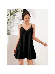 V-Neck Strap Short Dress Ruffle Delicate Cute Daily Summer Casual Fashion Women Boho - màu đen - Xem 1