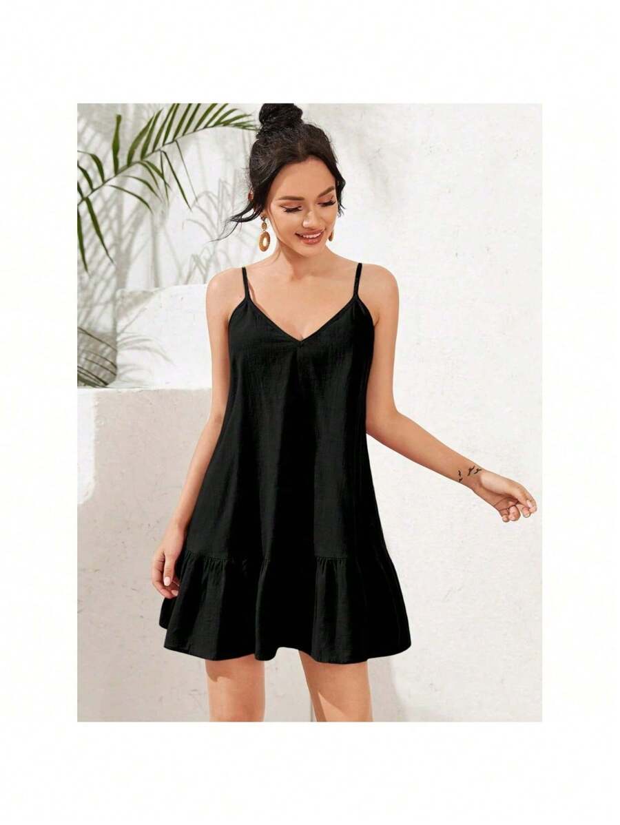 V-Neck Strap Short Dress Ruffle Delicate Cute Daily Summer Casual Fashion Women Boho - màu đen - Xem 1