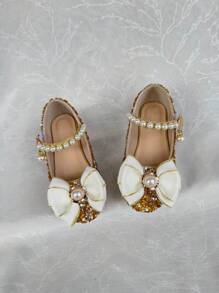 Girls Fancy High Heel Shoes, Crystal Rhinestones Embellished Upper, Butterfly Pearl Decor, Suitable For Romantic, Elegant And Noble Occasions Like Weddings, Galas, All Seasons - Gold - View 2