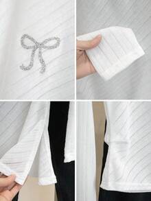 Street Style Christmas Spring/Summer Women Sexy Asymmetric Neck Striped Bow Long Sleeve Slit Fitted Knit Blouse - White - View 11