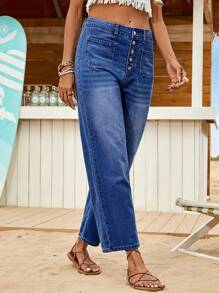 New Women's Jeans Buttoned Elastic Loose Denim Cropped Pants