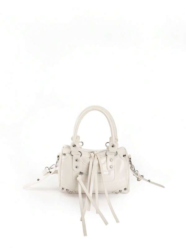 1 Pc Beige Splicing Rivets Inlaid Metal Tassels Zip Decoration Retro PU Material Loop Band Decorative Rivets Inlaid Double Handles Adjustable Long Shoulder Strap Design Zip Closure Fashion Retro Sweet Cool Style Biker Bag Y2K Punk Style Square Bag Ladies Handbag Casual Quiet Luxury Style Ladies Slanting Shoulder Bag Can Be Put Mobile Phone Card Bag And So On Suitable For Daily Travel Shopping And Other Uses, 2000s Fashion Style Bag For Women