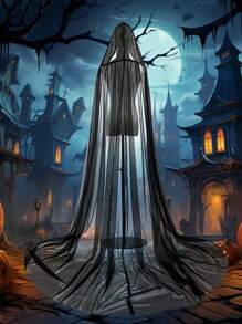 1pc Vintage Solid Color Hooded Capelet Vampire Bride Cloak, Black/Red/White Women Shawl Poncho, Sheer Adult Witch Cosplay Cape With Tail For Halloween, Christmas - Black - View 2