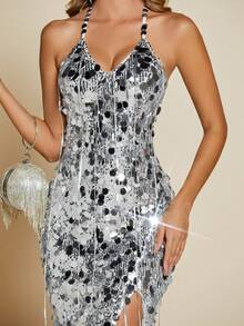 Robe de soirée fendue à paillettes métalliques avec col ras-du-cou et franges pour femme, idéale pour la soirée, les rendez-vous romantiques, les cocktails, les galas formels et les invités de mariage - Argent - Voir 5