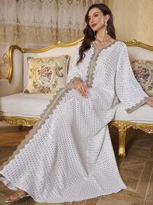 Elegant Gold Foil Ribbon Patchwork Long Sleeve Dress, Spring/Summer - White - View 1