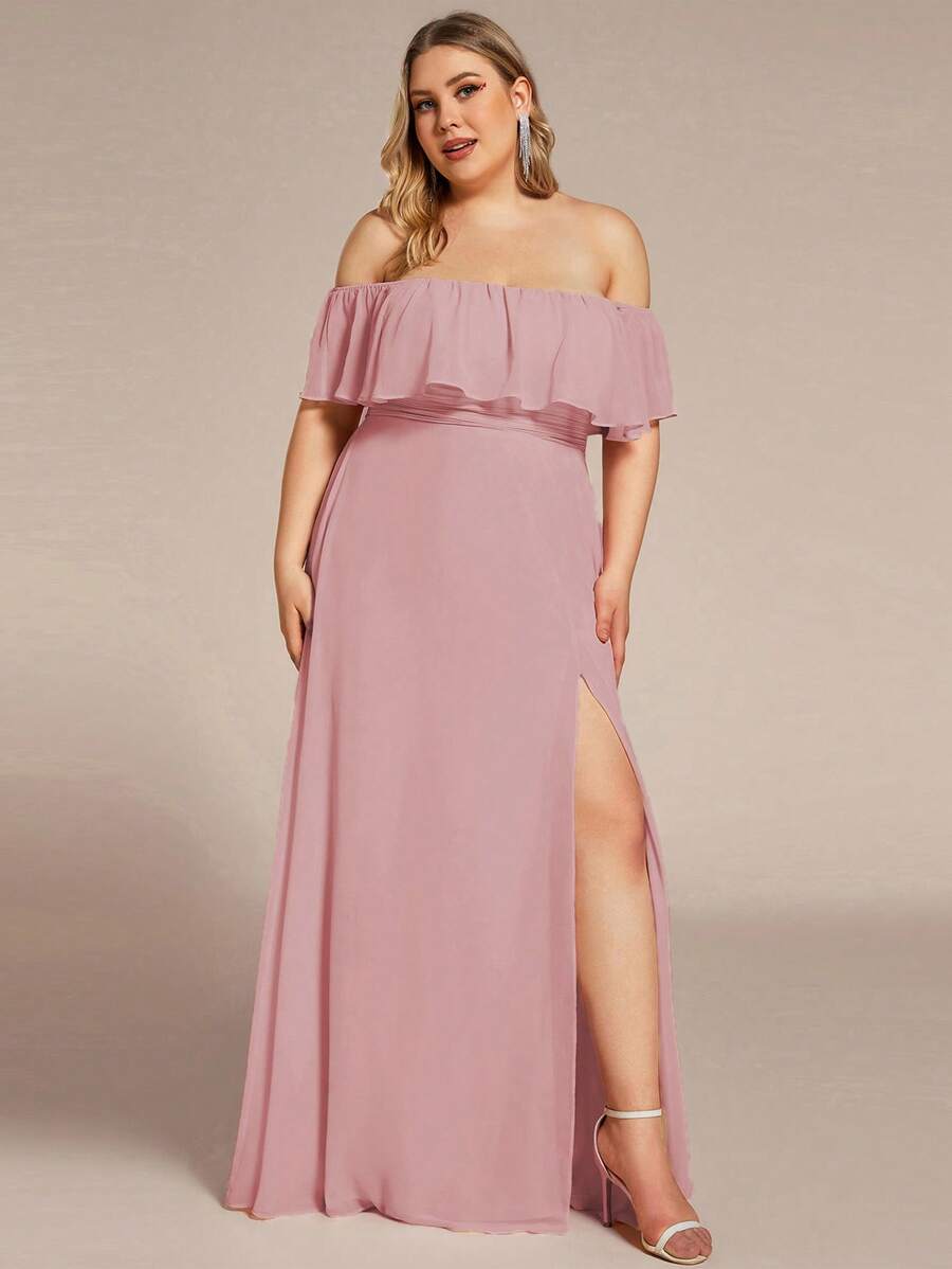 EVERPRETTY Plus Size Elegant Solid Color Off Shoulder Split Bridesmaid Dress - Baby Pink - View 1