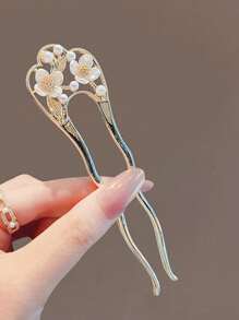 1个优雅仿珍珠花朵发夹，简约发髻发夹，双插式发叉，发髻造型发夹，发髻器，发饰，学生用品，仿珍珠发饰，女士度假装扮，婚礼用品，头部饰品