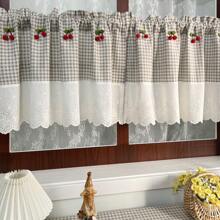 1 PIEZA Cortina corta a cuadros de estilo pastoril americano en color café claro para la cocina, cortina linda con cerezas rojas para ventanas, cortinas para ventanas pequeñas, cortinas para puertas