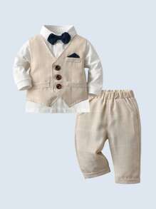BOARNSEORL Conjunto de traje de caballero para niños pequeños de 3 piezas: camisa de manga larga blanca con moño, chaleco y pantalones a cuadros, elegante y adecuado para fiestas de cumpleaños, fiestas de noche, bodas, bautizos, primeras celebraciones de cumpleaños