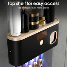 Intelligent UV Toothbrush Sanitizer Holder And 5 Slots Toothbrush Holders, Toothbrush Holder Wall Mounted With Toothpaste Dispenser, USB/Solar Rechargeable Toothbrush Sterilizer, Bathroom Toothbrush Sanitizer, Without Drilling Home Bathroom Decor Fall Decor Back To School - 黑金色 - 查看 6