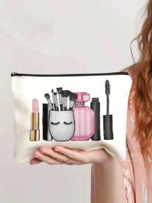 时尚化妆旅行包，采用化妆品图案设计，轻便可折叠拉链袋，适合存放化妆品、洗漱用品和文具，易于擦拭清洁，是送给女性的理想礼物。 - 米色 - 查看 3