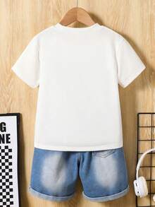 2pcs Tween Boys Sets: Letter Graphic Print Short Sleeve Tee And Distressed Denim Shorts - White - View 3