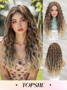 TOIPSHE Stilvolle 26-Zoll Farbverlauf Gold Mittelteil Kleine Locken Synthetische Hitzebeständige Faser Perücke für Frauen, perfekt für Ferien-Partys und den Alltagsgebrauch