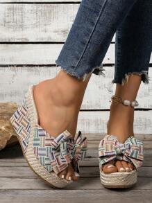 Women's Fashionable Comfortable Platform Solid Color Bow Woven Beach Style Versatile Lady Wedge Sandals - Multicolor - View 6