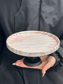 1pc Black & White Striped Ceramic Tray, Elegant Minimalist Vertical Striped Pedestal Dish, Storage Platter, Nut Dish, Cake Stand, Serving Platter, Suitable For Home, Party, Tea Gathering, Leisure, Commercial Decor, Gift