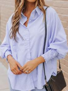 ASVIVID 女士条纹印花插肩袖单排扣休闲口袋宽松衬衫 - 藍色 - 查看 8
