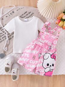 2pcs/Set Baby Girl Casual Solid Ribbed Short Sleeve T-Shirt And Cartoon Rabbit Bear Letter Print Pocket Overall Shorts Set