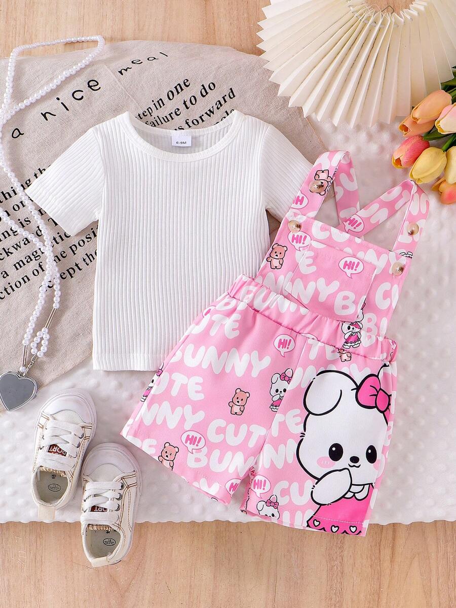 2pcs/Set Baby Girl Casual Solid Ribbed Short Sleeve T-Shirt And Cartoon Rabbit Bear Letter Print Pocket Overall Shorts Set