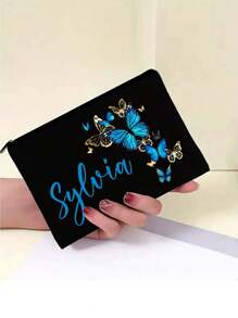 Custom Butterfly Printed Cosmetic Bag, Custom Your Name Cosmetic Bag, Can Be Customized To Your Unique Design, Lightweight Waterproof Canvas Zipper Cosmetic Bag Is Also Perfect For Coin Purse, Pencil Case, Perfect For Shopping, Date, Vacation, Travel, Festival, Party Or As A Gift Makeup Bag Make Up Organizer For Bathroom College Dorm Beach Summer Portable Multifunctional Women Girl Student
