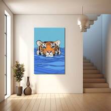 Image d'un tigre nageant dans l'eau bleue. Grande peinture murale encadrée en bois, décoration d'intérieur, peinture à l'huile - Chambre, salle de bain, salon, bureau, cuisine, cadeaux de Noël - 1 pièce