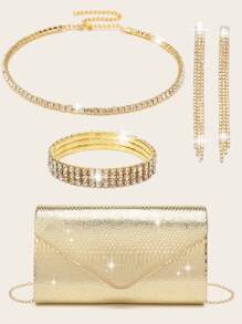 女士水钻首饰 水钻首饰套装 闪亮项链 耳环 手链套装 闪亮钱包 手提包 蛇形 V 型翻盖信封包 手提宴会包 手提包 女士舞会手提包 金属链条手提包 婚礼派对手提包 酒会婚礼 新款钱包 宴会包 晚礼服 女士新娘晚礼服舞会 - 金色 - 查看 12