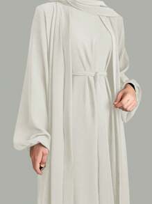 Women's Middle Eastern Style Solid Color Comfortable Casual Cardigan Jacket, Vest And Dress 2-Piece Set With Belt - No Headscarf, Autumn/Winter