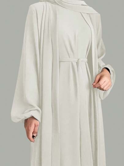 Conjunto de dos piezas de mujer con cárdigan sólido cómodo y casual holgado + bata sin mangas - Abaya con cinturón, sin pañuelo para la cabeza,