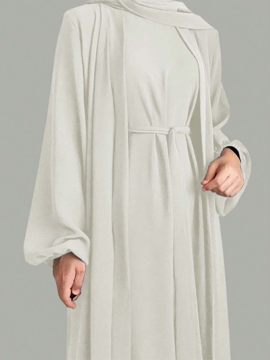 Women's Middle Eastern Style Solid Color Comfortable Casual Cardigan Jacket, Vest And Dress 2-Piece Set With Belt - No Headscarf, Autumn/Winter