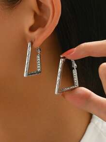 1 对时尚几何 T 形简约休闲锆石耳环女士 - 銀色 - 查看 1
