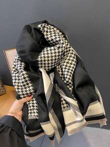 FADZOYLE 1pc Women's Plaid Scarf Shawl, Soft Vintage Elegant Faux Cashmere Long Neck Wrap, Windproof Fashion, Warm Accessory For Autumn/Winter, Suitable For Daily, Evening Gown, Travel, Office, Wedding And Gift - Black - View 2