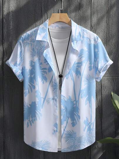 男士夏季假期棕榈树印花短袖休闲衬衫
